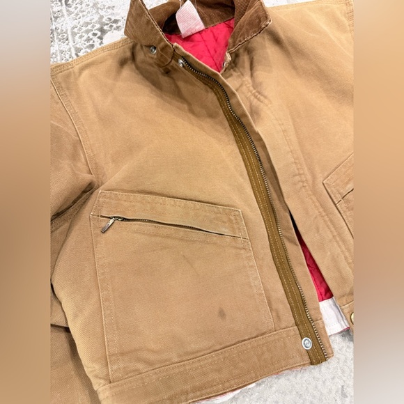 Vintage Carhartt Tan Cropped Jacket with Brown Collar made from a jumpsuit. - Picture 2 of 8